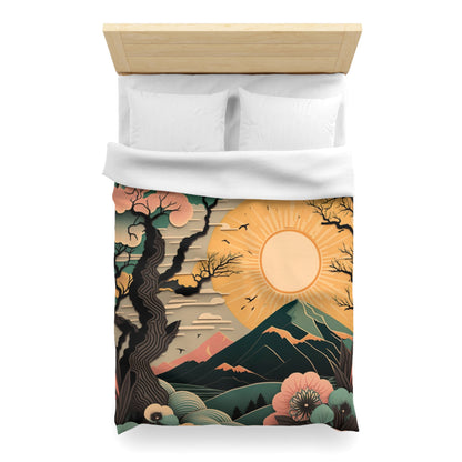 Boho Sun Rising in Spring Mount Fuji During Spring | Duvet Cover | Ukiyo-E Style | Harajuku | Gifts For Yourself