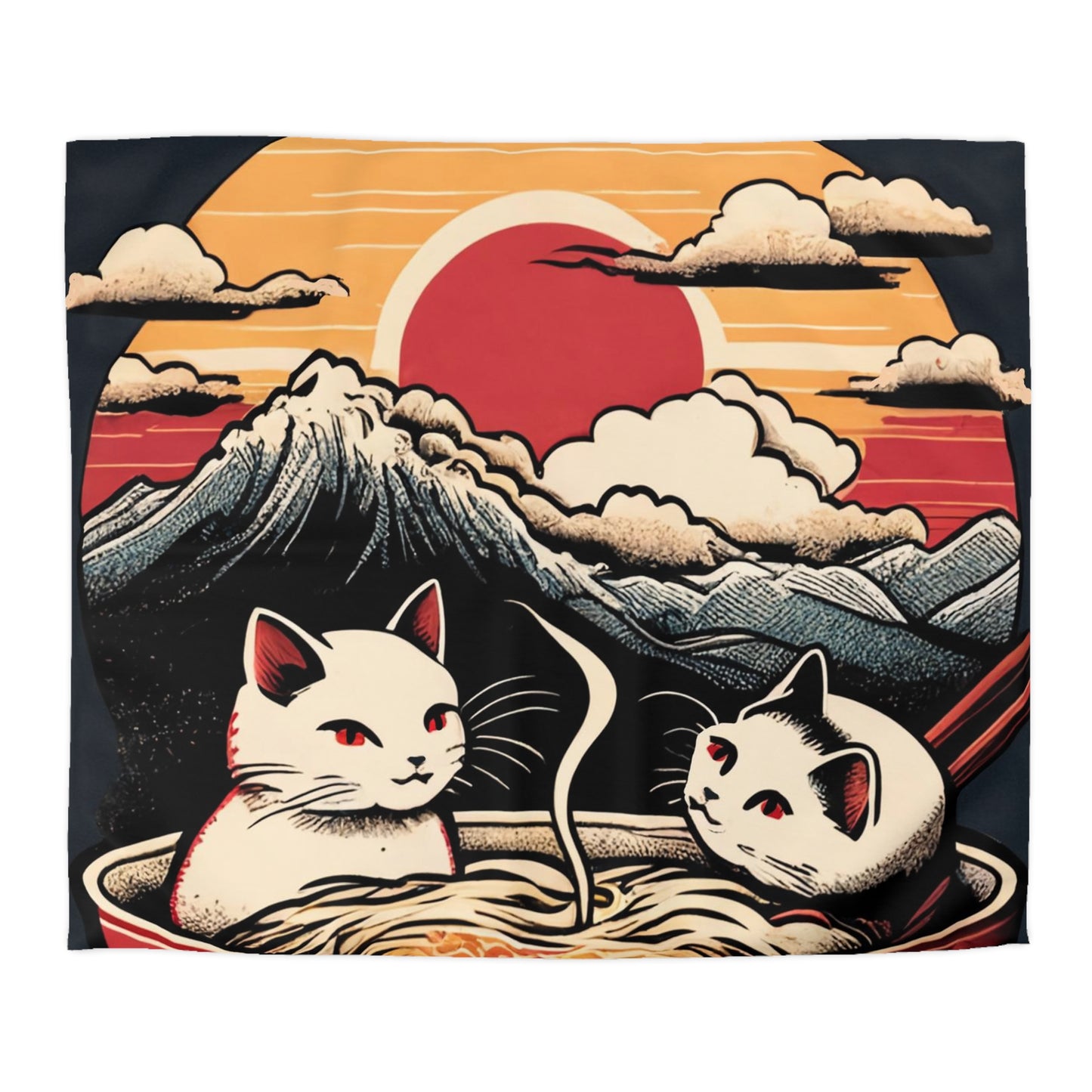 Cute Japanese Kittens/Cats Bathing in a bowl of Ramen Udon Noodles | Duvet Cover | Ukiyo-E Style | Harajuku | Gifts For Yourself