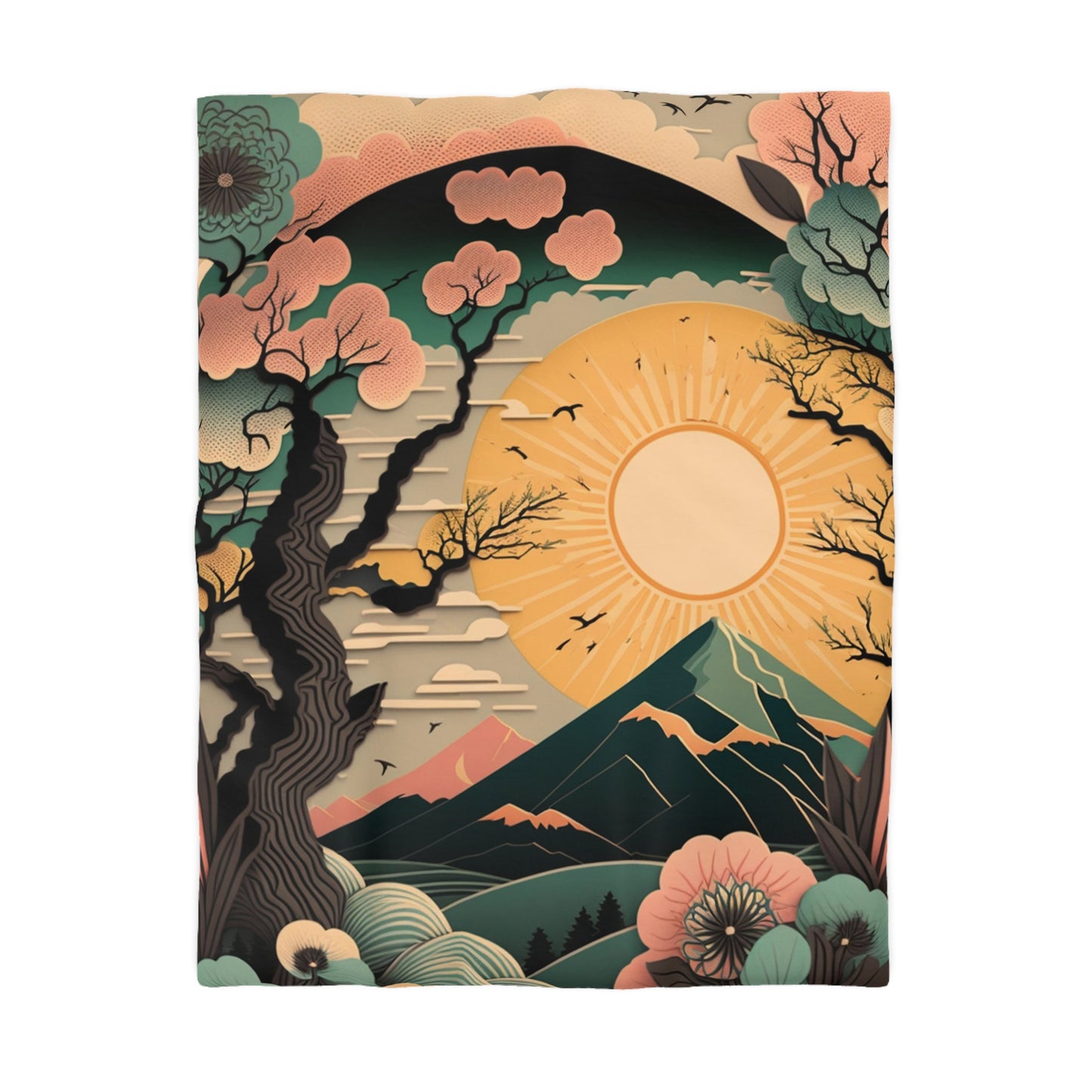 Boho Sun Rising in Spring Mount Fuji During Spring | Duvet Cover | Ukiyo-E Style | Harajuku | Gifts For Yourself