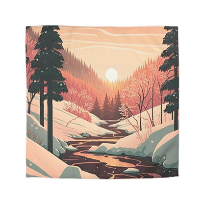 Boho Geometric Illustration of Sun Setting in Forest During Winter | Duvet Cover | Ukiyo-E Style | Harajuku | Gifts For Yourself