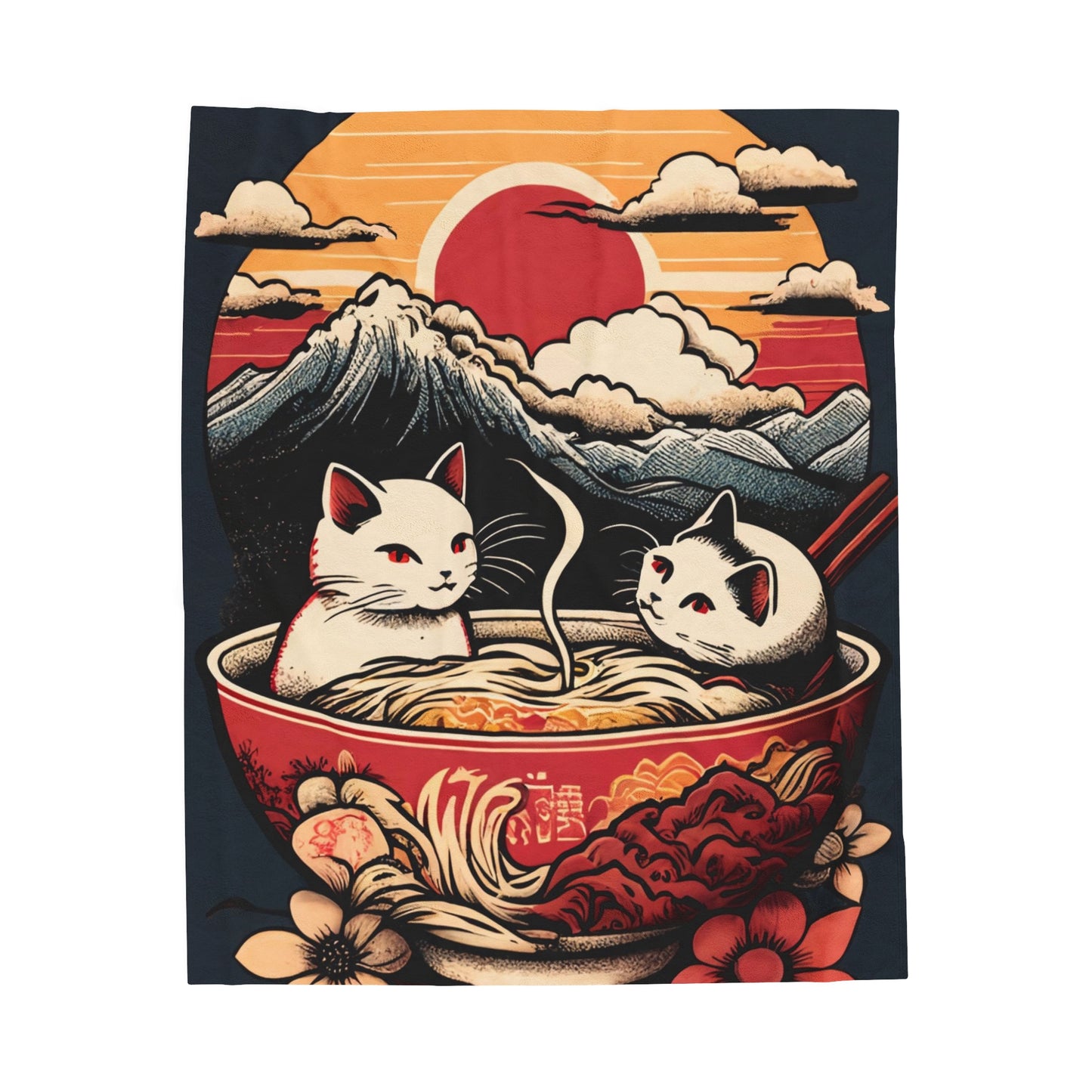 Cute Japanese Kittens/Cats Bathing in a bowl of Ramen Udon Noodles | Ukiyo-E Style | Harajuku | Velveteen Plush Blanket - Gifts For Mom