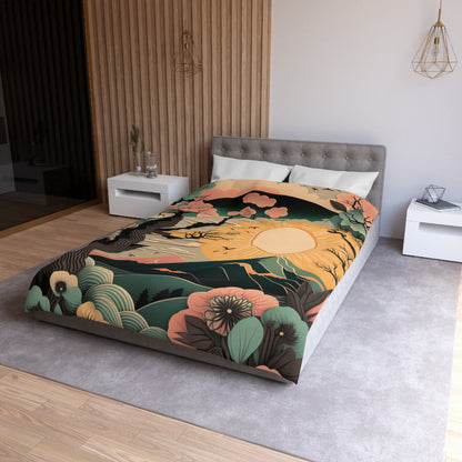 Boho Sun Rising in Spring Mount Fuji During Spring | Duvet Cover | Ukiyo-E Style | Harajuku | Gifts For Yourself