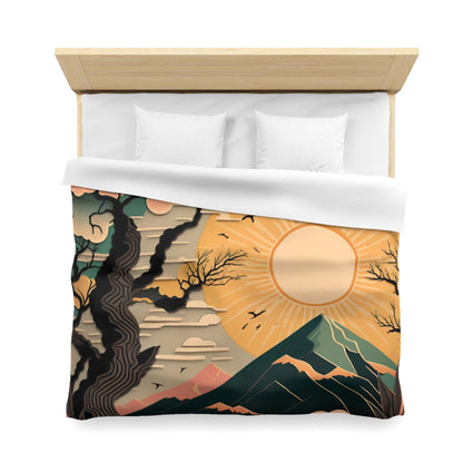 Boho Sun Rising in Spring Mount Fuji During Spring | Duvet Cover | Ukiyo-E Style | Harajuku | Gifts For Yourself