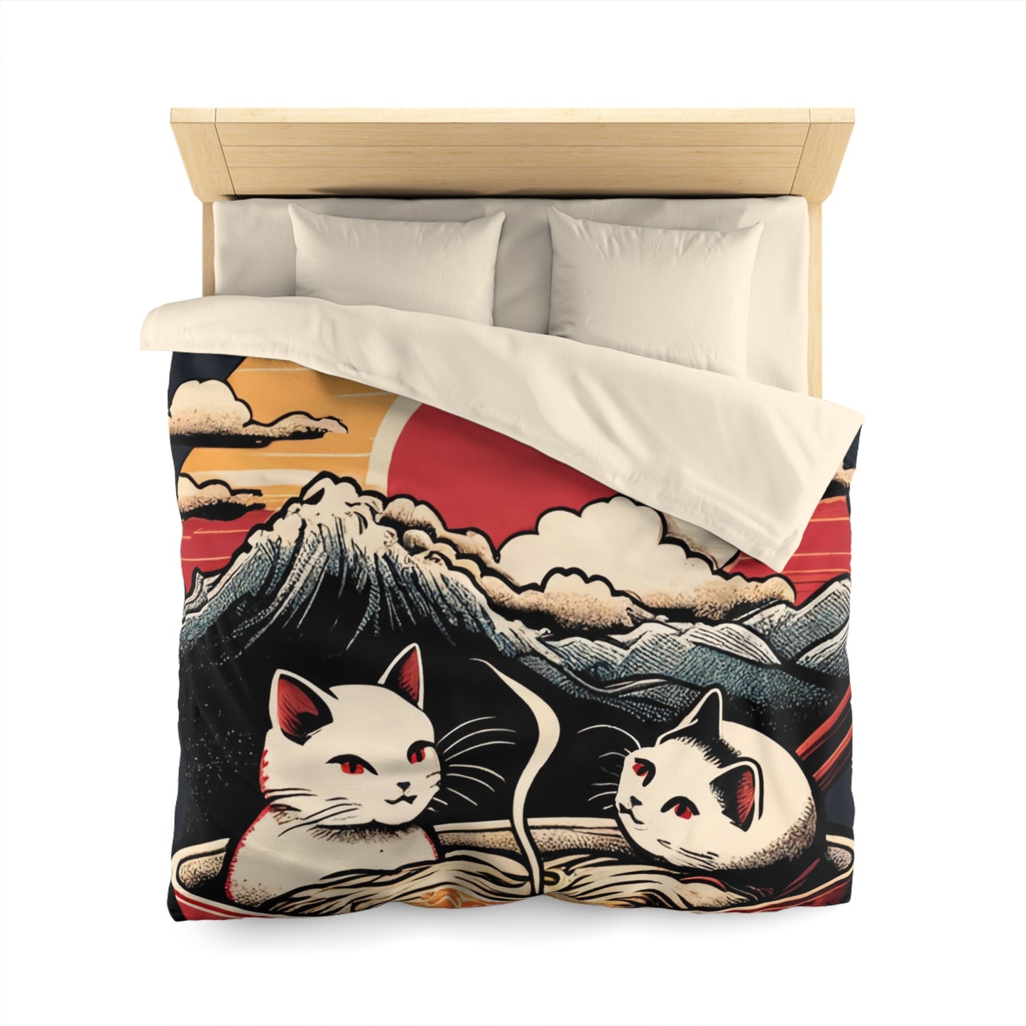 Cute Japanese Kittens/Cats Bathing in a bowl of Ramen Udon Noodles | Duvet Cover | Ukiyo-E Style | Harajuku | Gifts For Yourself