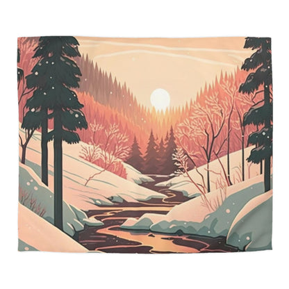 Boho Geometric Illustration of Sun Setting in Forest During Winter | Duvet Cover | Ukiyo-E Style | Harajuku | Gifts For Yourself