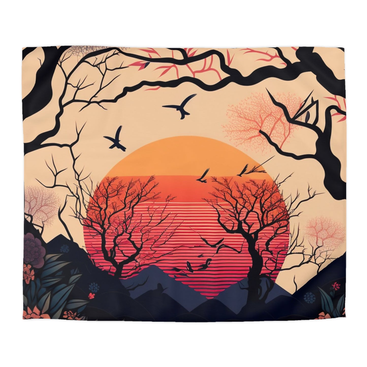 Sun Rising in Forest During Spring | Duvet Cover | Ukiyo-E Style | Harajuku | Gifts For Yourself