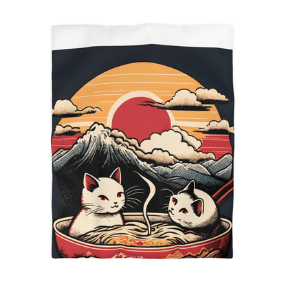 Cute Japanese Kittens/Cats Bathing in a bowl of Ramen Udon Noodles | Duvet Cover | Ukiyo-E Style | Harajuku | Gifts For Yourself