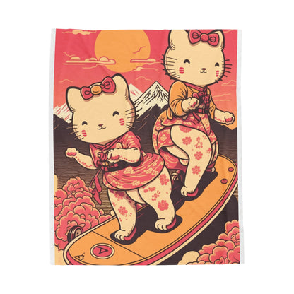 Japanese Anime Cute Kitties/Cats Skateboarding by Mount Fuji | Harajuku | Velveteen Plush Blanket - 3 sizes - Best Gifts for Mother, Bestie