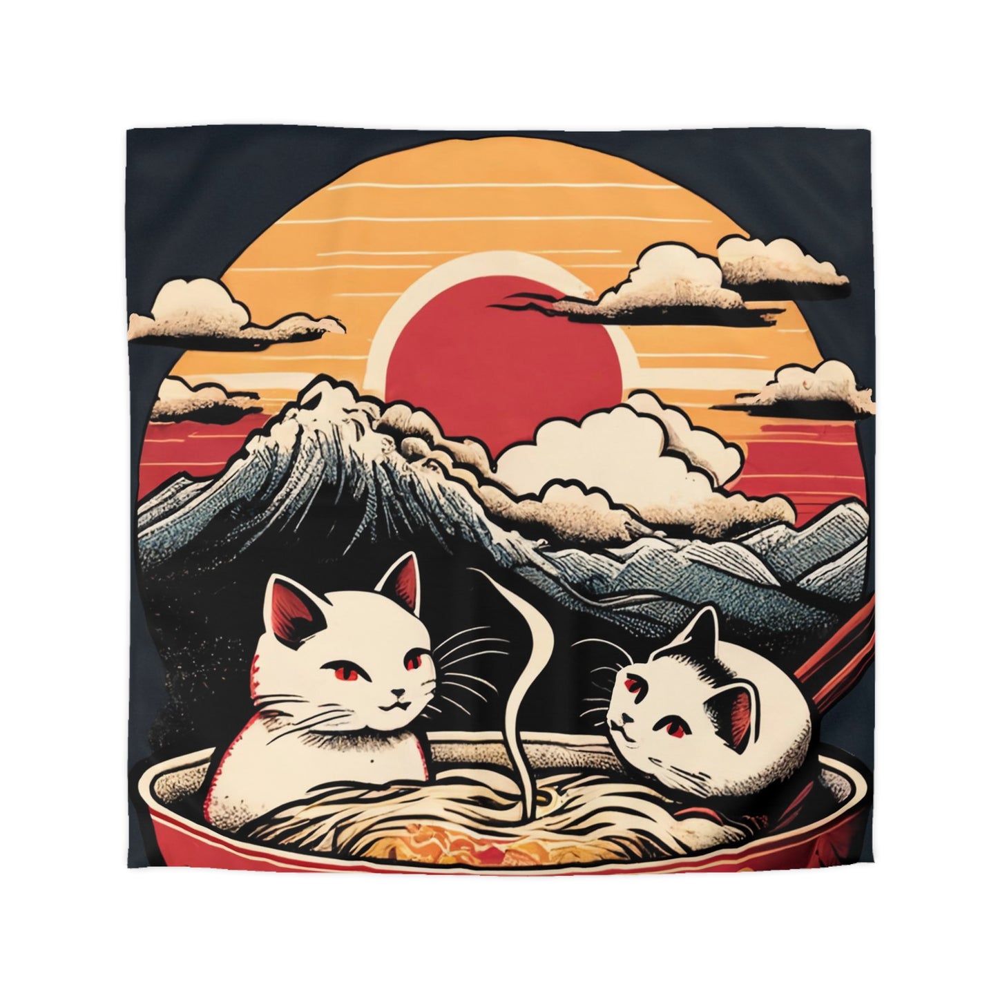 Cute Japanese Kittens/Cats Bathing in a bowl of Ramen Udon Noodles | Duvet Cover | Ukiyo-E Style | Harajuku | Gifts For Yourself