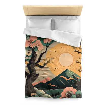 Boho Sun Rising in Spring Mount Fuji During Spring | Duvet Cover | Ukiyo-E Style | Harajuku | Gifts For Yourself