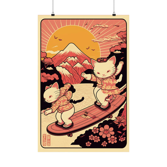 Cute Japanese Wearing Kimonos Cats on Skateboards Wall Art Poster Ukiyo-E Style on Premium Museum Quality Matte Print - Various Size