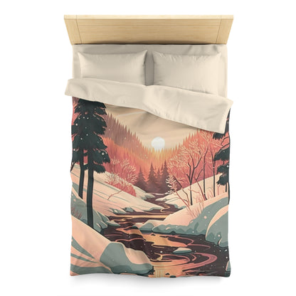 Boho Geometric Illustration of Sun Setting in Forest During Winter | Duvet Cover | Ukiyo-E Style | Harajuku | Gifts For Yourself