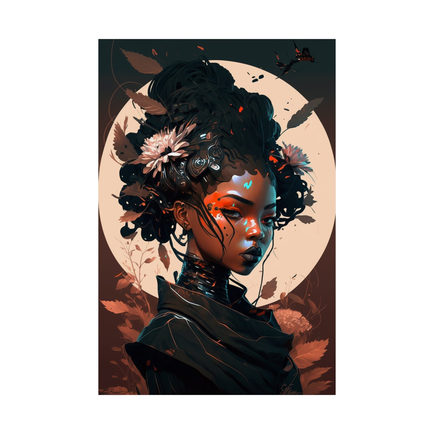 Portrait of a Beautiful Black Woman Original Art Poster for Wall Home Decor, Futuristic, Black Anime, Gifts For Black Girls & Women