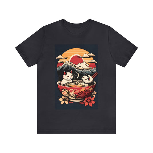 Cute Japanese Kittens/Cats Bathing in a bowl of Ramen Udon Noodles | Ukiyo-E Style | Various Sizes Unisex Cotton Jersey Short Sleeve T-shirt