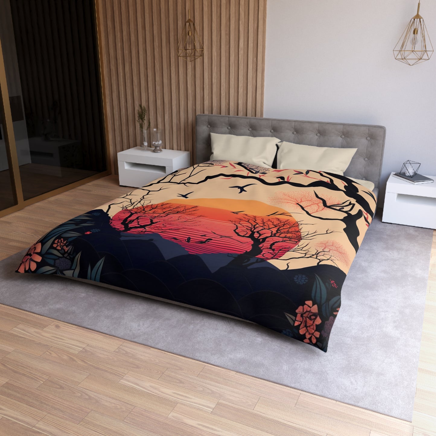 Sun Rising in Forest During Spring | Duvet Cover | Ukiyo-E Style | Harajuku | Gifts For Yourself