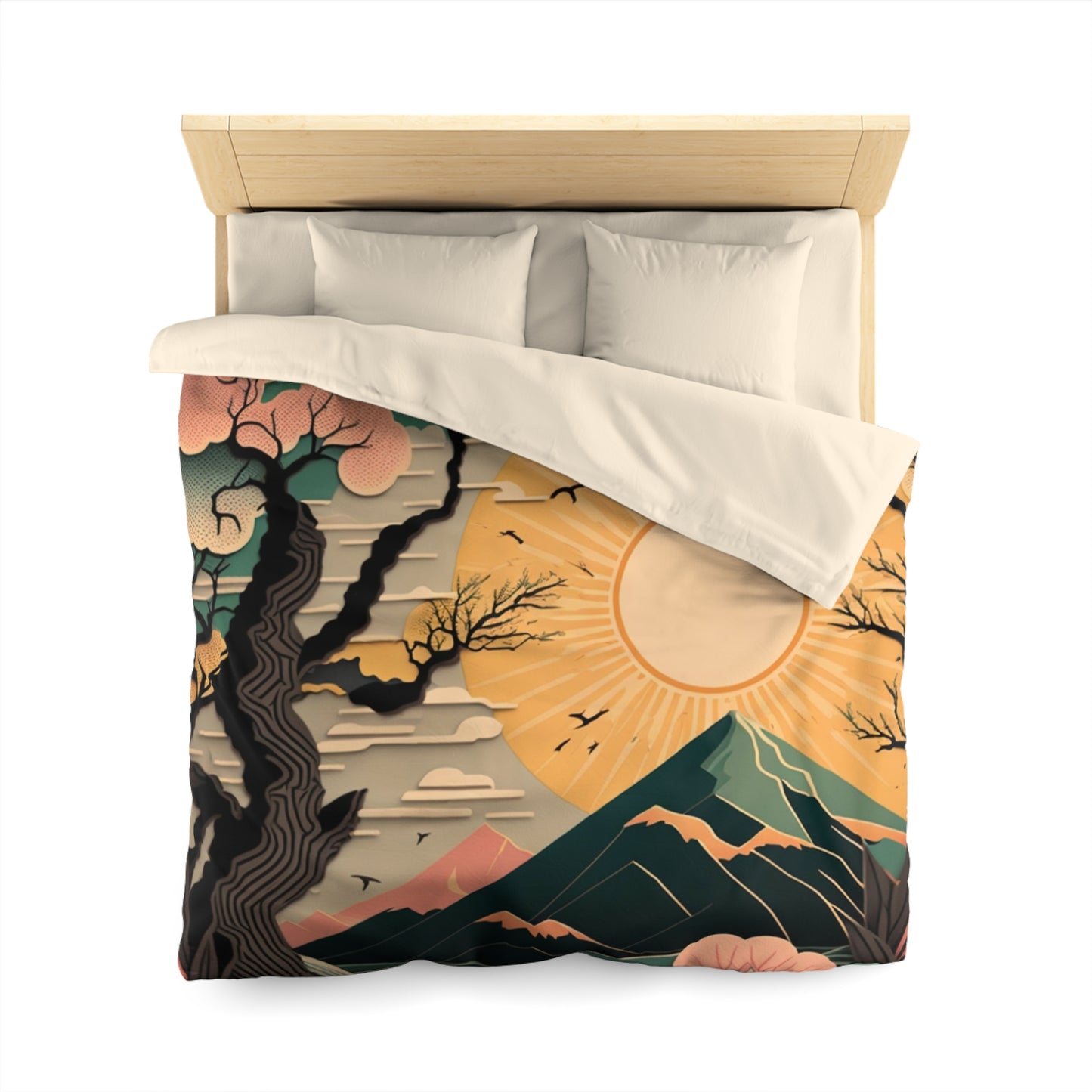 Boho Sun Rising in Spring Mount Fuji During Spring | Duvet Cover | Ukiyo-E Style | Harajuku | Gifts For Yourself