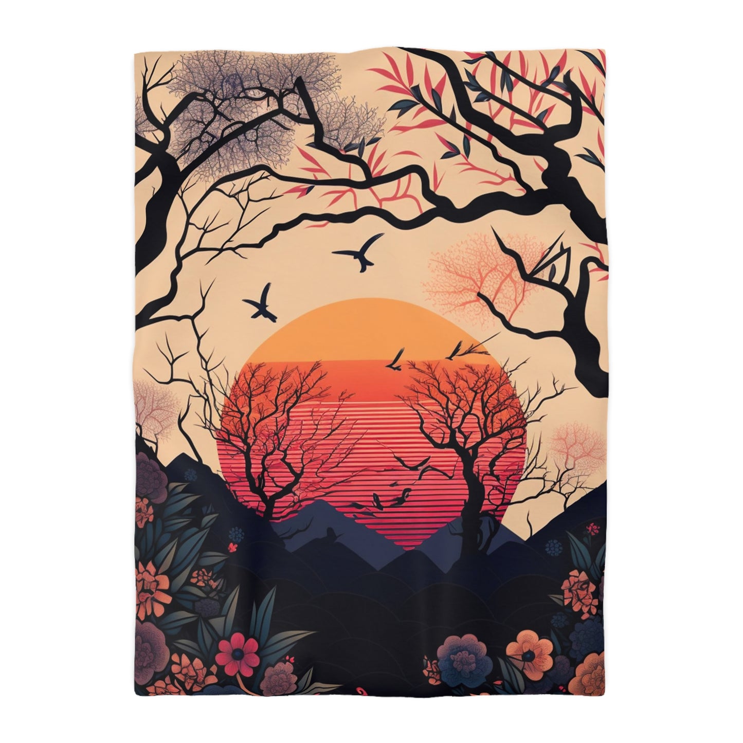 Sun Rising in Forest During Spring | Duvet Cover | Ukiyo-E Style | Harajuku | Gifts For Yourself