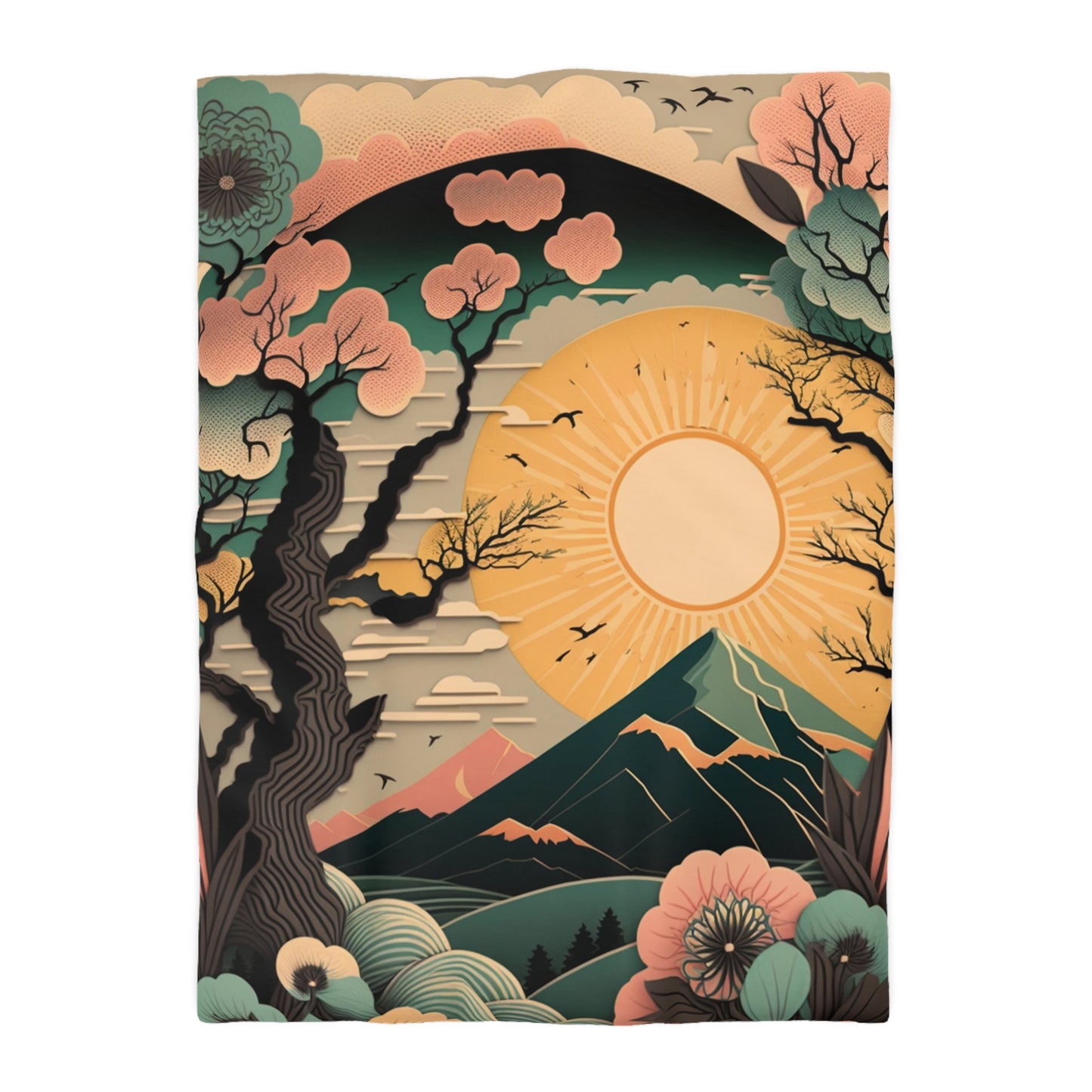 Boho Sun Rising in Spring Mount Fuji During Spring | Duvet Cover | Ukiyo-E Style | Harajuku | Gifts For Yourself