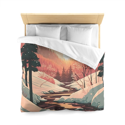 Boho Geometric Illustration of Sun Setting in Forest During Winter | Duvet Cover | Ukiyo-E Style | Harajuku | Gifts For Yourself