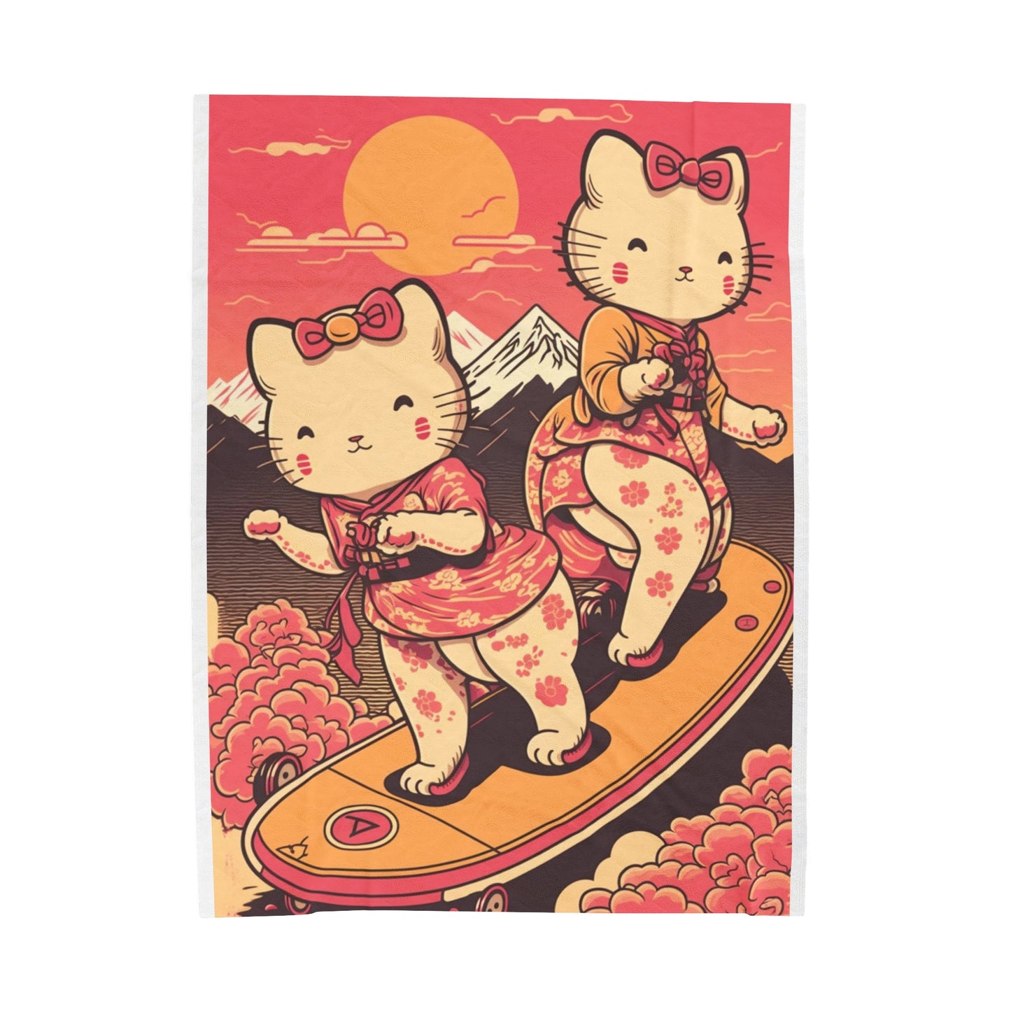 Japanese Anime Cute Kitties/Cats Skateboarding by Mount Fuji | Harajuku | Velveteen Plush Blanket - 3 sizes - Best Gifts for Mother, Bestie