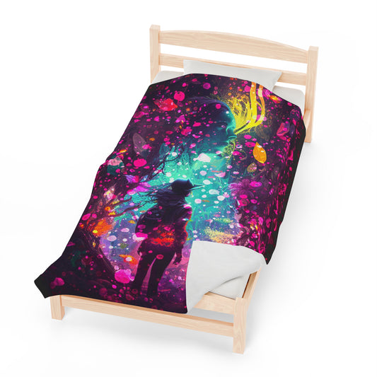 Velveteen Plush Blanket - Black Light Art Woman on Spiritual Walk