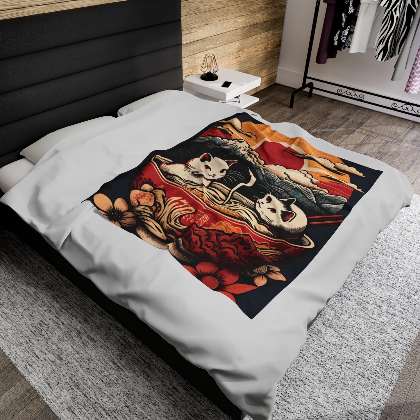 Cute Japanese Kittens/Cats Bathing in a bowl of Ramen Udon Noodles | Ukiyo-E Style | Harajuku | Velveteen Plush Blanket - Gifts For Mom