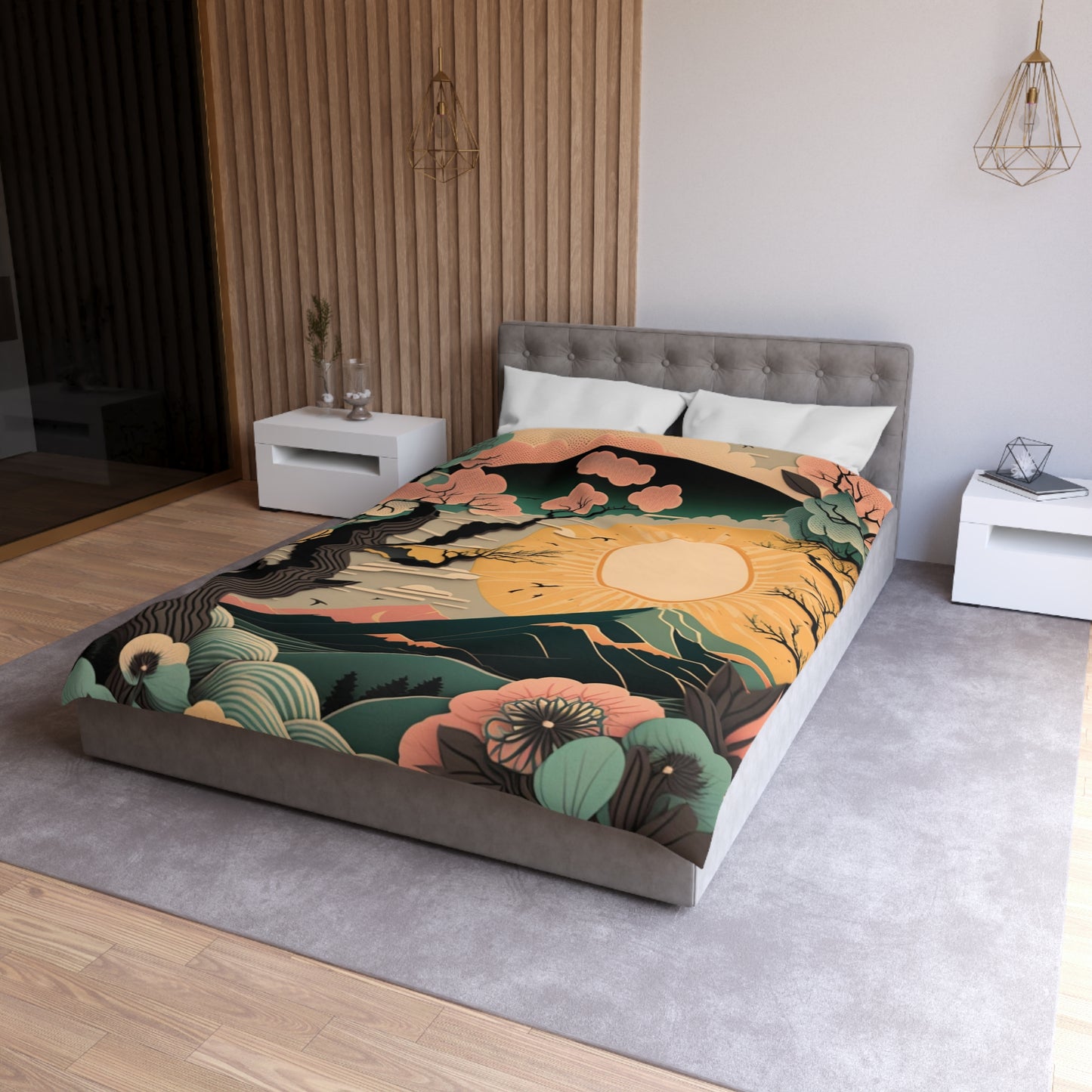 Boho Sun Rising in Spring Mount Fuji During Spring | Duvet Cover | Ukiyo-E Style | Harajuku | Gifts For Yourself