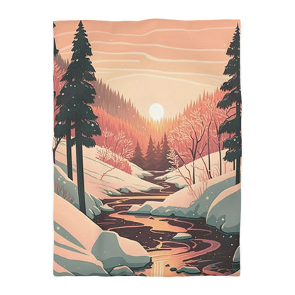 Boho Geometric Illustration of Sun Setting in Forest During Winter | Duvet Cover | Ukiyo-E Style | Harajuku | Gifts For Yourself