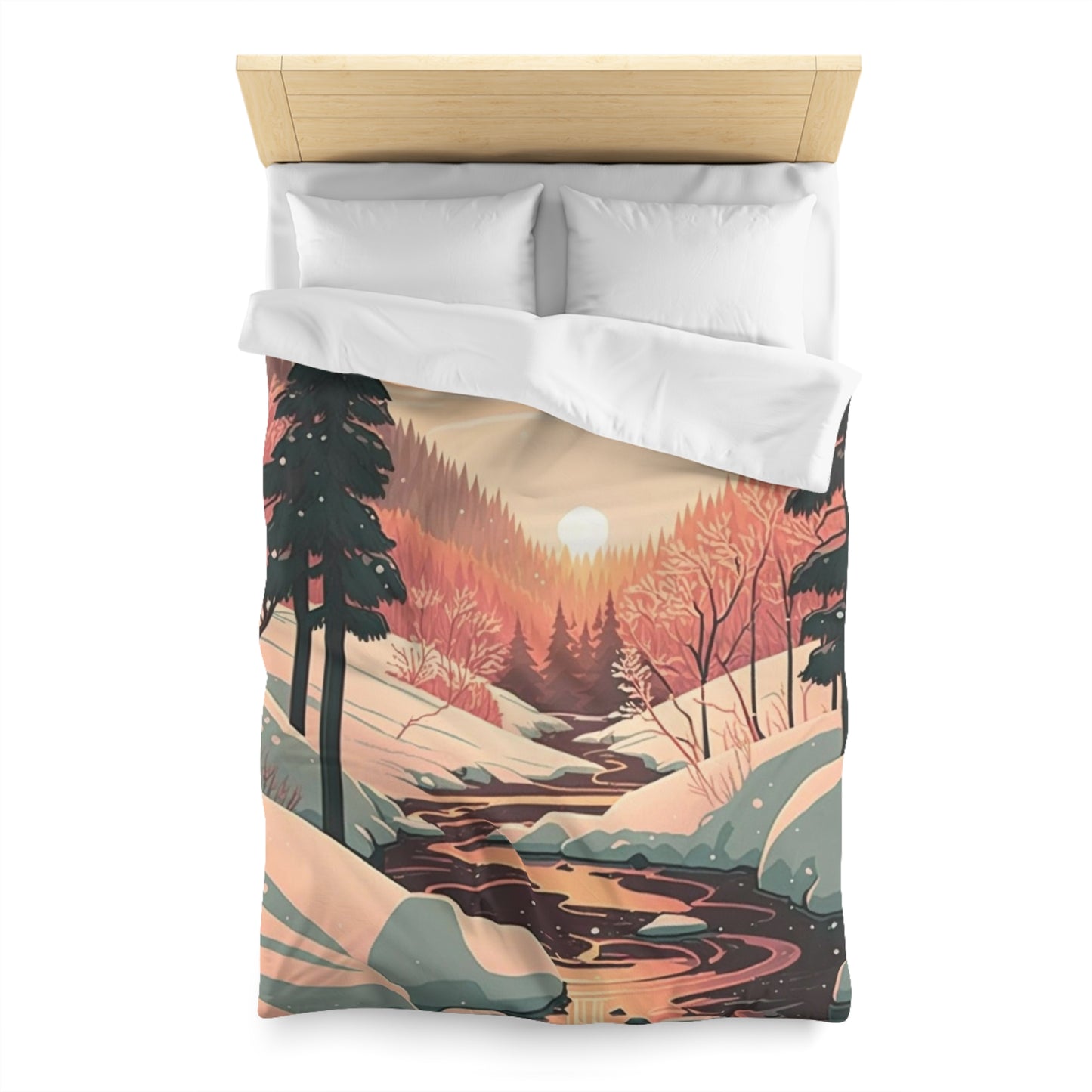 Boho Geometric Illustration of Sun Setting in Forest During Winter | Duvet Cover | Ukiyo-E Style | Harajuku | Gifts For Yourself