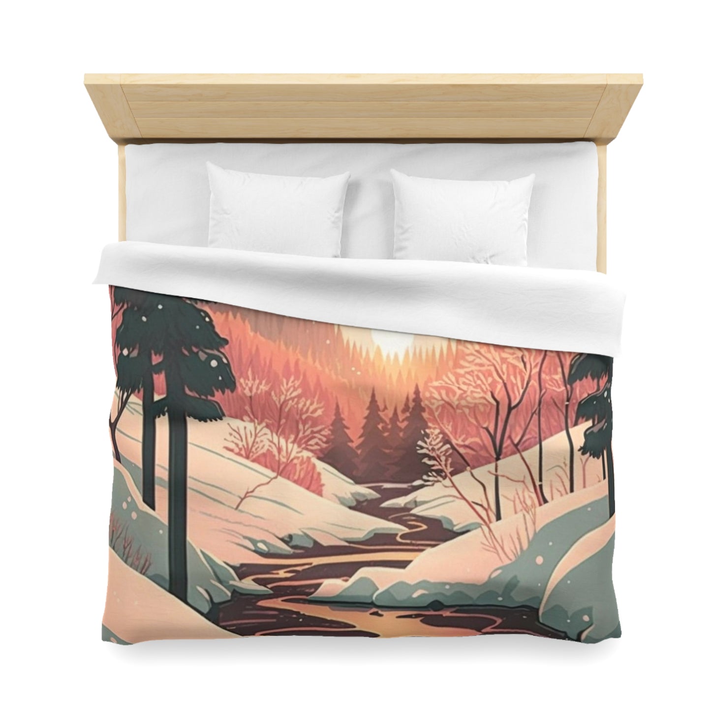 Boho Geometric Illustration of Sun Setting in Forest During Winter | Duvet Cover | Ukiyo-E Style | Harajuku | Gifts For Yourself