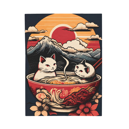 Cute Japanese Kittens/Cats Bathing in a bowl of Ramen Udon Noodles | Ukiyo-E Style | Harajuku | Velveteen Plush Blanket - Gifts For Mom